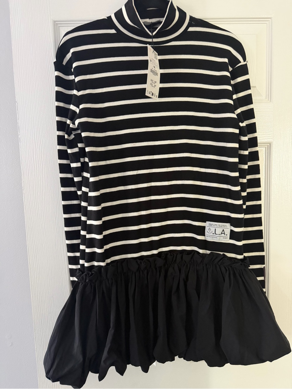 Zara Black White Striped High Neck Ruffle Bubble Hem Top Size M NWT